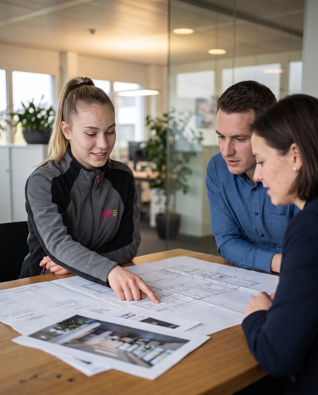 Auszubildende und Kollegen von FAE besprechen gemeinsam einen Gebäudeplan am Tisch